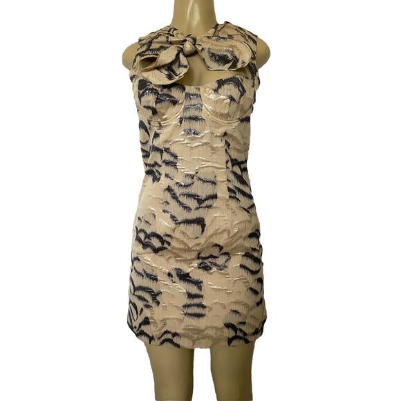 Carven Dress Cut Out Front Bow Tie Sleeveless Jacquard Beige Gray Sheath… - Picture 1 of 9